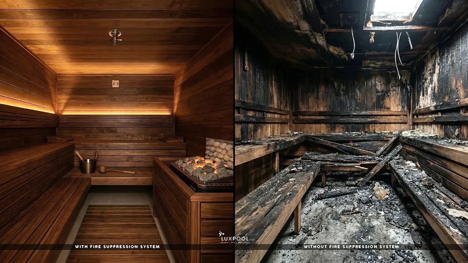 a image is showing a sauna on the both side on the one side the sauna is installed with a fire suppression system and other side its without fire suppression system and it is presented by luxpool